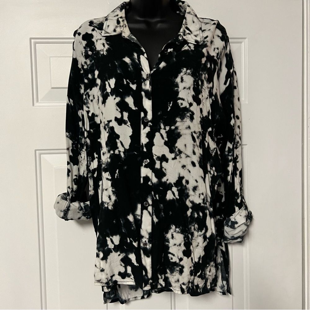 Como vintage Black White relaxed Western Print 3/4 Tab Sleeve Button Up Tunic L